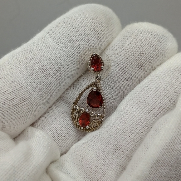 Ornate Sterling Silver and Red Gemstone Filigree Teardrop Earrings - Picture 4 of 4